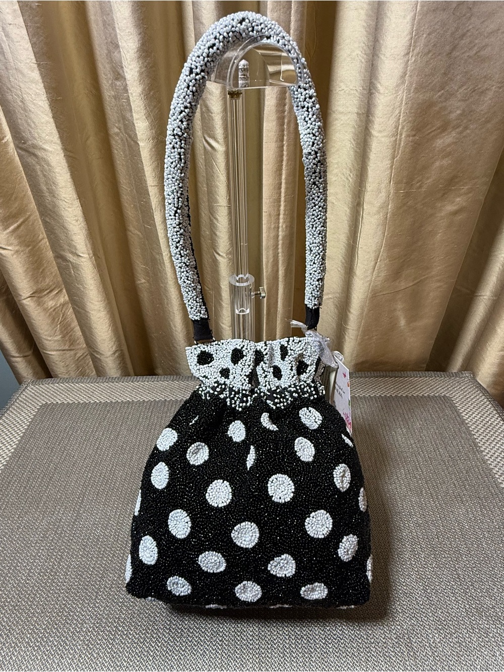 Handcrafted Black & White Beaded Polka Dot Women’s Handbag- NWT - Picture 5 of 8